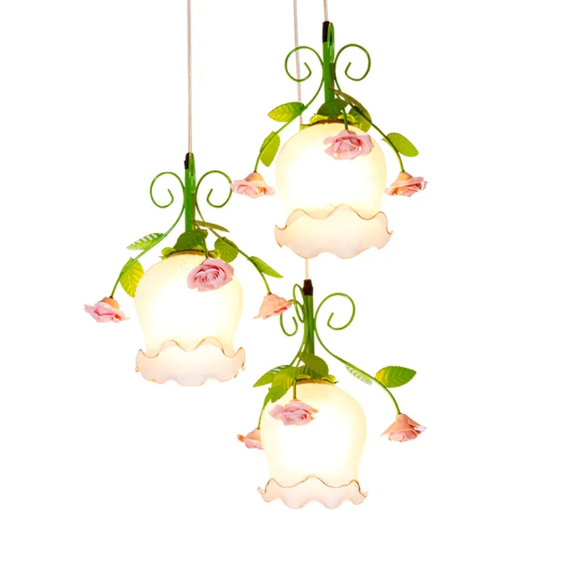 

Country Rustic Dining Room Pendant Lamp Pink Ceramic Rose Green Metal Leaf White Glass Bar Counter Hallway Corridor Pendant Lamp