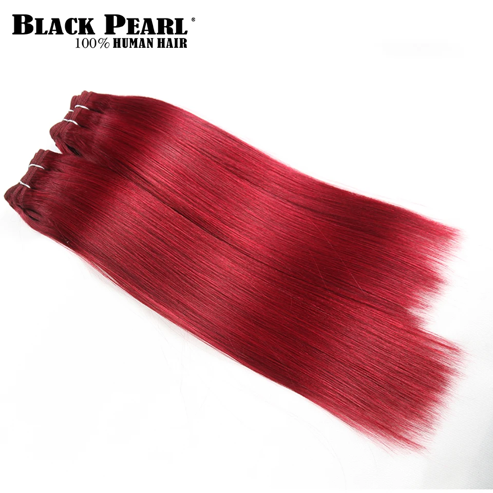 Pérola Negra-Pacotes de Cabelo Humano Yaki Pré-coloridos, Tecer Cabelo Liso Brasileiro, Cabelo Não Remy, 1 Pacote, 190g, Vermelho, 99J #, 4 Pcs