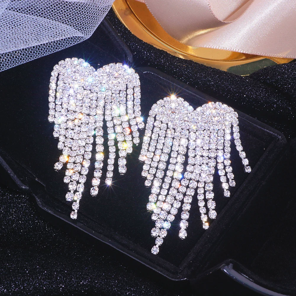 Pendientes de lujo con borla de diamantes de imitación para mujer, aretes colgantes con forma de corazón de cristal grande, accesorios de joyas de pendientes de boda