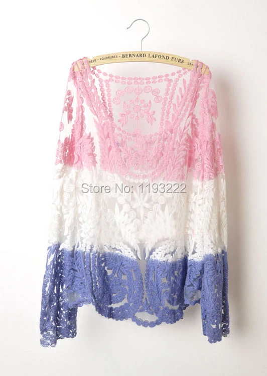 Cute Women Cotton Lady Embridery Lace Blouse Semi Sheer Crochet  Floral Tops Long Sleeve Gradient T Shirts Blouses Shirt