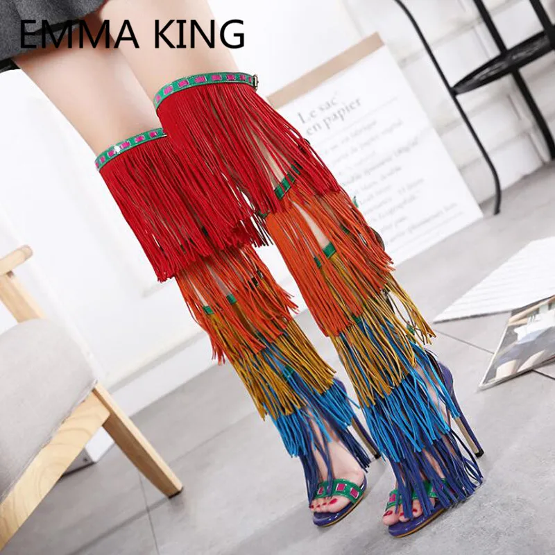 2019 Rainbow Fringe Summer Over The Knee Boots For Women Gladiator Sandals Open Toe Sexy Ladies Platform Shoes Woman High Heels