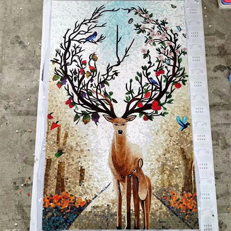 

Nordic Elk Deer Top Grade Manual Cutting Glass Mosaic Mural Luxury Villa Decoration Entrance Hall Living Room Wall Sticker