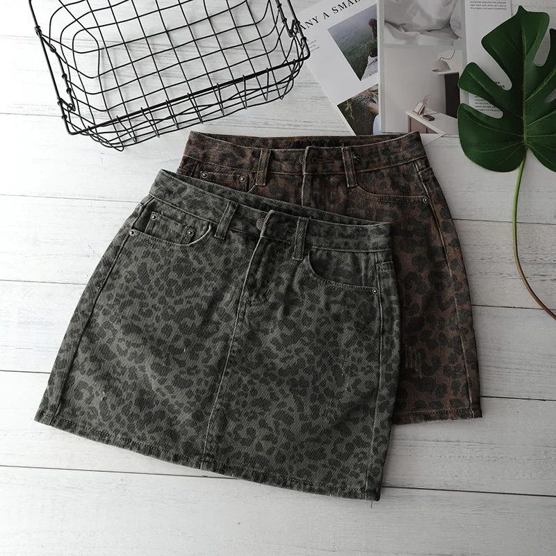 Sexy Leopard Print Denim Skirt Women Summer Bodycon High Waist Pencil Skirt Streetwear Women Fashion Casual Mini Skirt Faldas