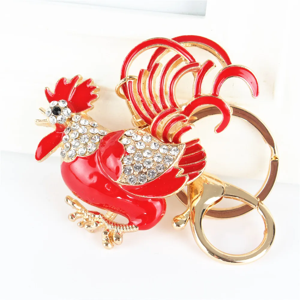 Lovely Red Cock Rooster Crystal Rhinestone Charm Pendant Purse Bag Car Key Ring Chain Creative Wedding Party Christmas Gift