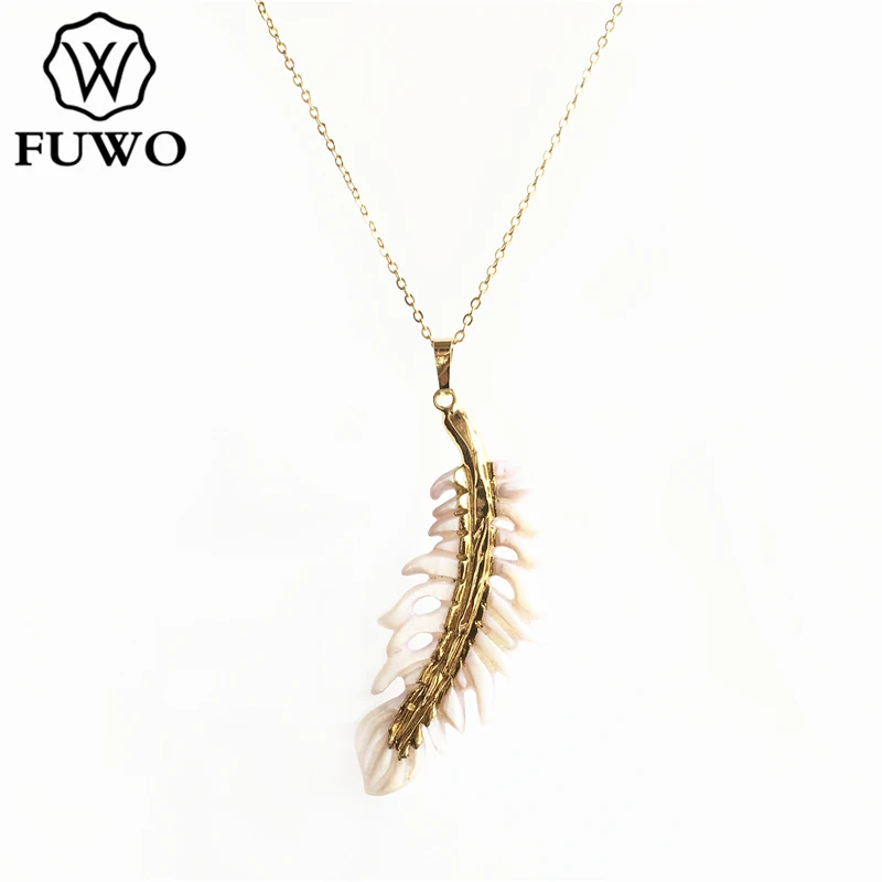 

FUWO Wholesale Natural Shell Olive Leaf Necklace,Golden Plated High Quality Brass O Shape Chain Jewelry For Women 5Pcs NC519