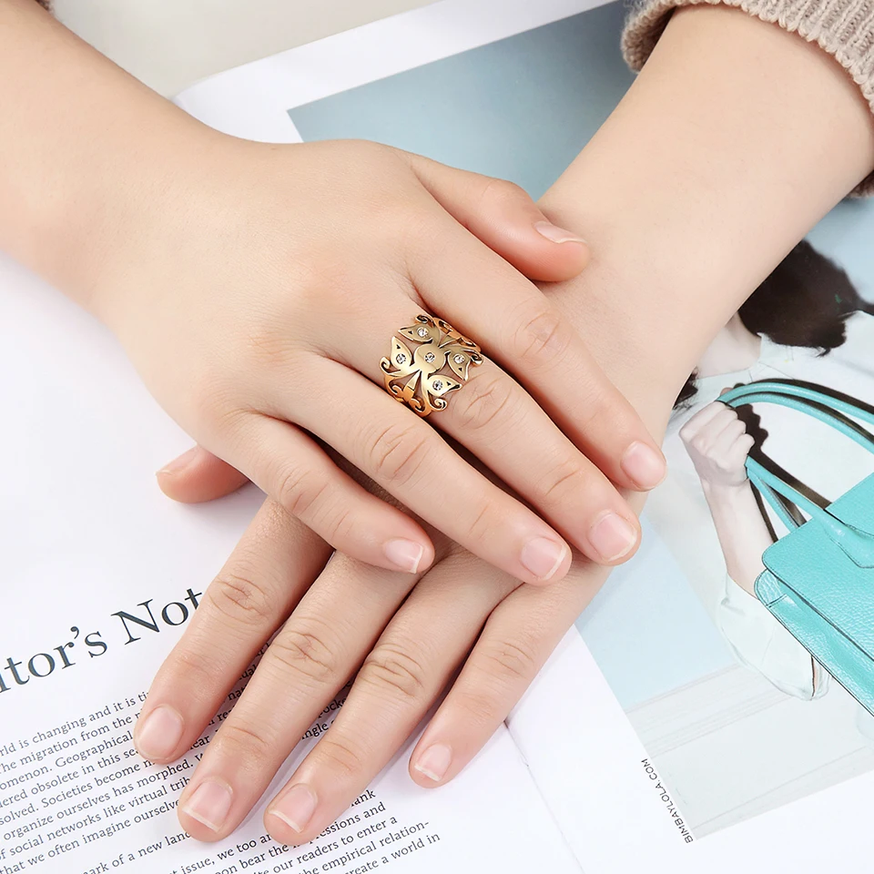 BORASI New Ring Feather Rings For Women Vintage Gold- Color Crystal CZ Zircon Stone Stainless Steel Engagement Bridal Jewelry