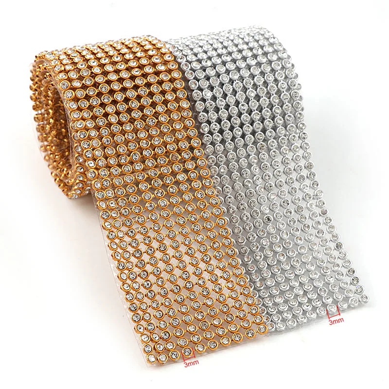 1 Sheet 3mm Glass Rhinestone+Gold/Silver Aluminum Rhinestone Mesh Trim ABS Plastic HotFix For DIY Wedding Dress Jewelry