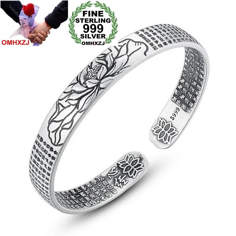 OMHXZJ Wholesale Ethnic For Man Woman Child Gift Lotus Heart Sutra 999 Sterling Silver Thai Silver Bracelet Open Adjustable SZ51