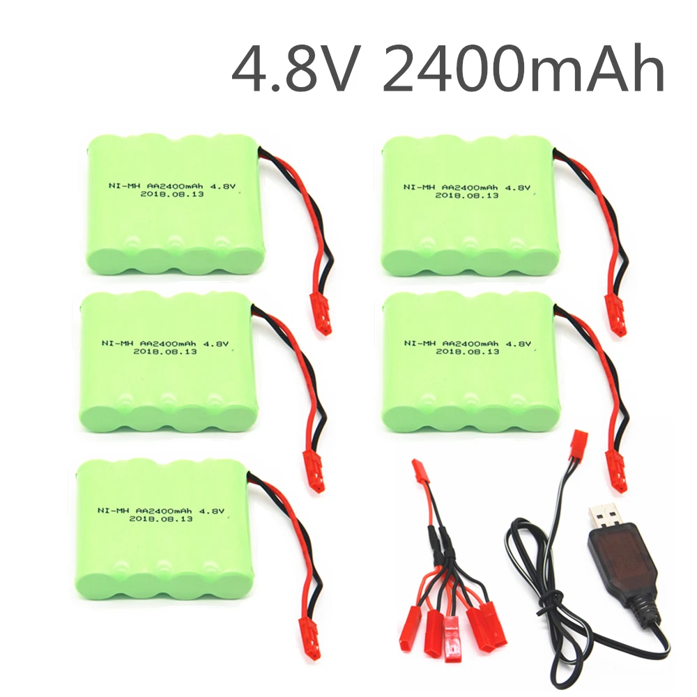 Batterie Ni-MH avec chargeur 5 en 1, 4.8V, 2400mAh, pour télécommande, jouets, éclairage, outil électrique, groupe AA, jouets RC, JST