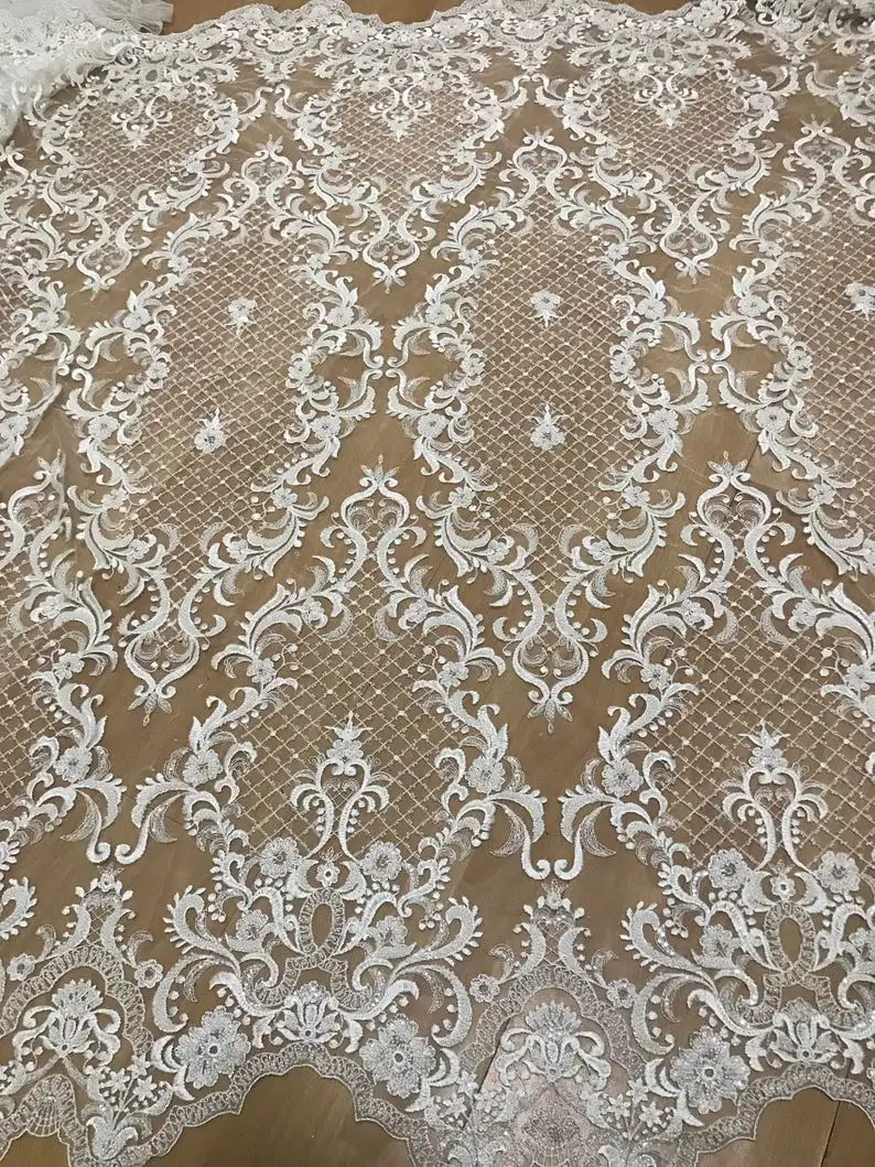 Newest beaded lace fabric french lace dress fabric with beads and seuqins stunning ivory lace fabric sell by yard