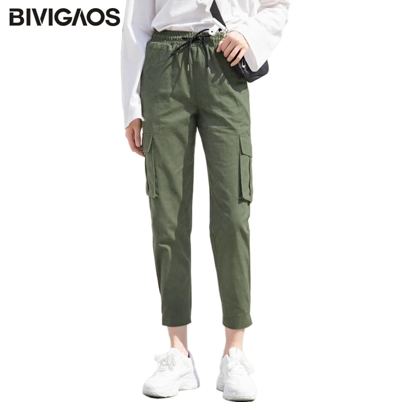 BIVIGAOS New Women Harajuku Stylish Cargo Pants Korean Overalls Trend Fashion Casual Slim Harem Pants MAGIC TAPE Ninth Pants