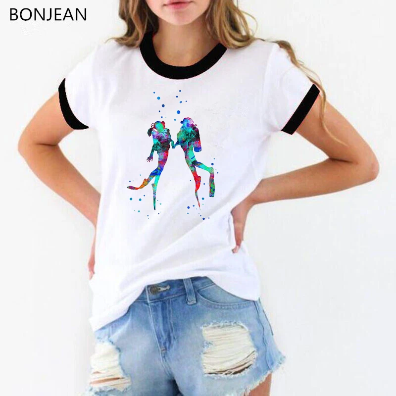 2024 Summer Tops Fashion T Shirt Women Watercolor Scuba Divers Couple Print Tee Shirt Femme Hipster Cool Lady T-Shirt Female