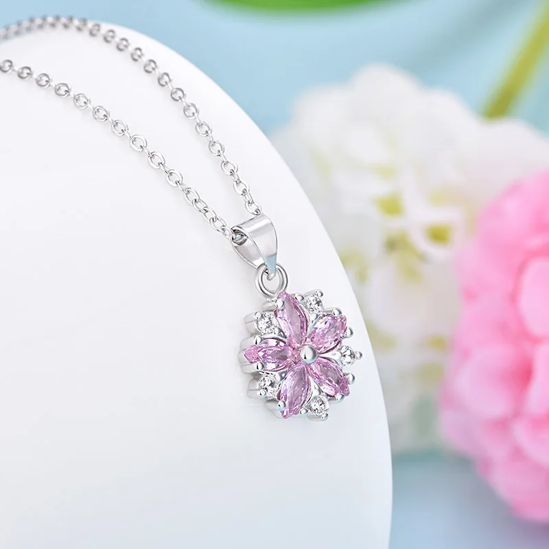 Buyee 925 Sterling Silver Flower Pendant Chain Pink & Yellow Crystal Cherry Blossoms Pendant for Woman Fine Jewelry Chain