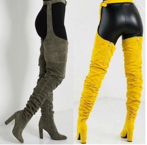 Sexy Solid Suede Leather Women Over Knee Long Boots Pointed Toe Ladies Belt Thigh High Boots Chunky High heels Long Boots image 4