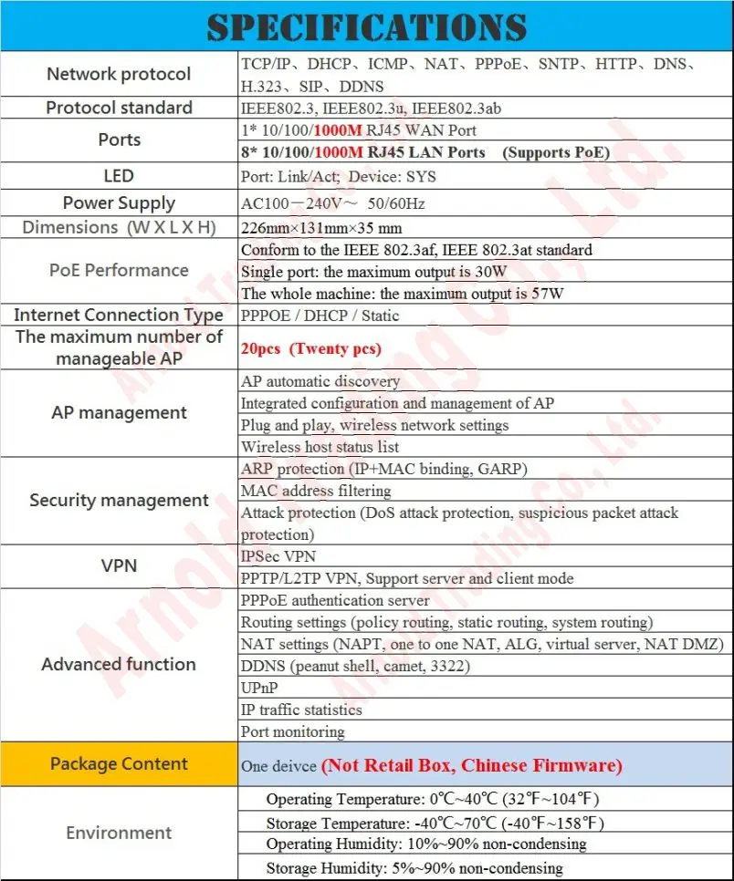 WiFi Wireless AP Controller, Manage 20 APs, 8 PoE Ports Gateway Router, 1000Mbps Wired SOHO BROADBAND vpn ROUTER,57W POE Switch