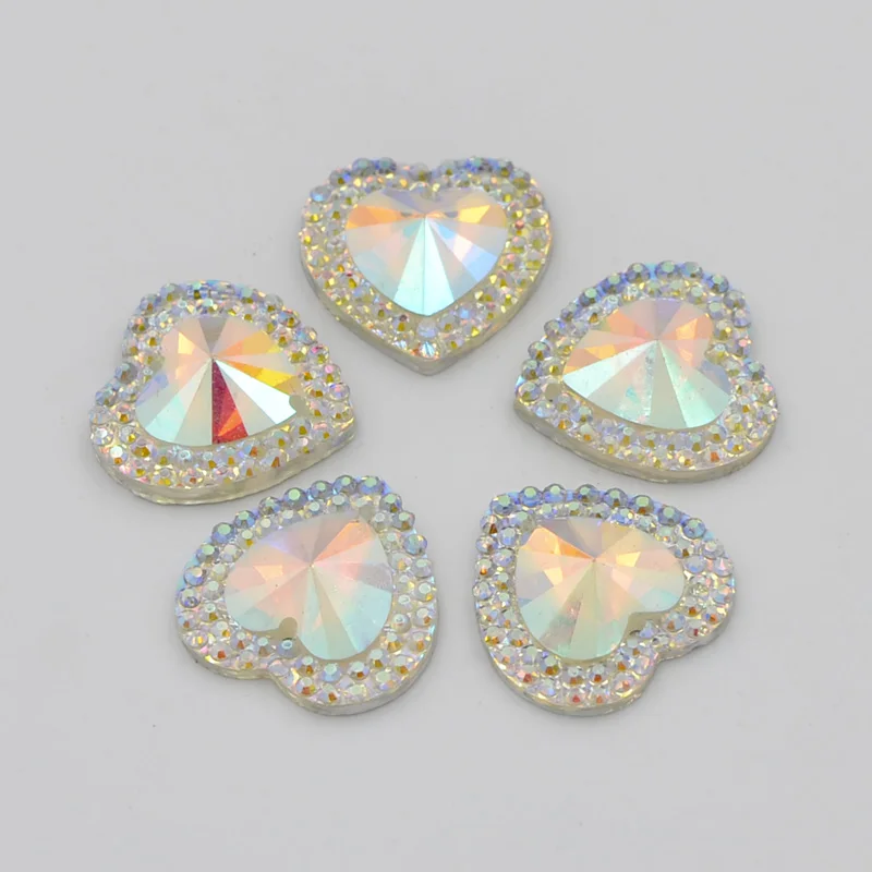 40PCS  shiny AB Resin 16mm heart  Flat back rhinestone scrapbook Wedding Embellishment diy 2 hole appliques