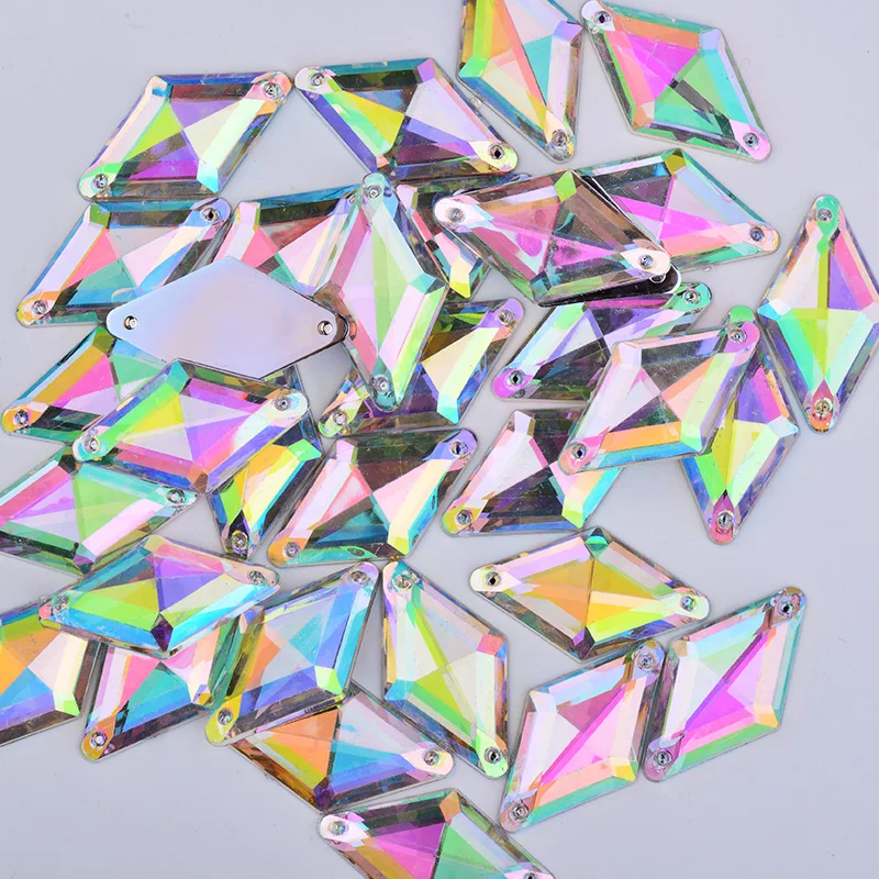 JUNAO 11x18mm 18x30mm AB Crystal Rhombus Rhinestone Applique Sew On Acrylic Stones Flatback Strass Sewing Diamond for Needlework