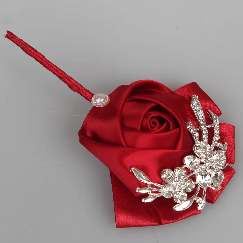 Qualidade superior diamante seda winered cor buquê corsage diamante rosa acessórios para casamento noiva e noivo broche pino X1104-1