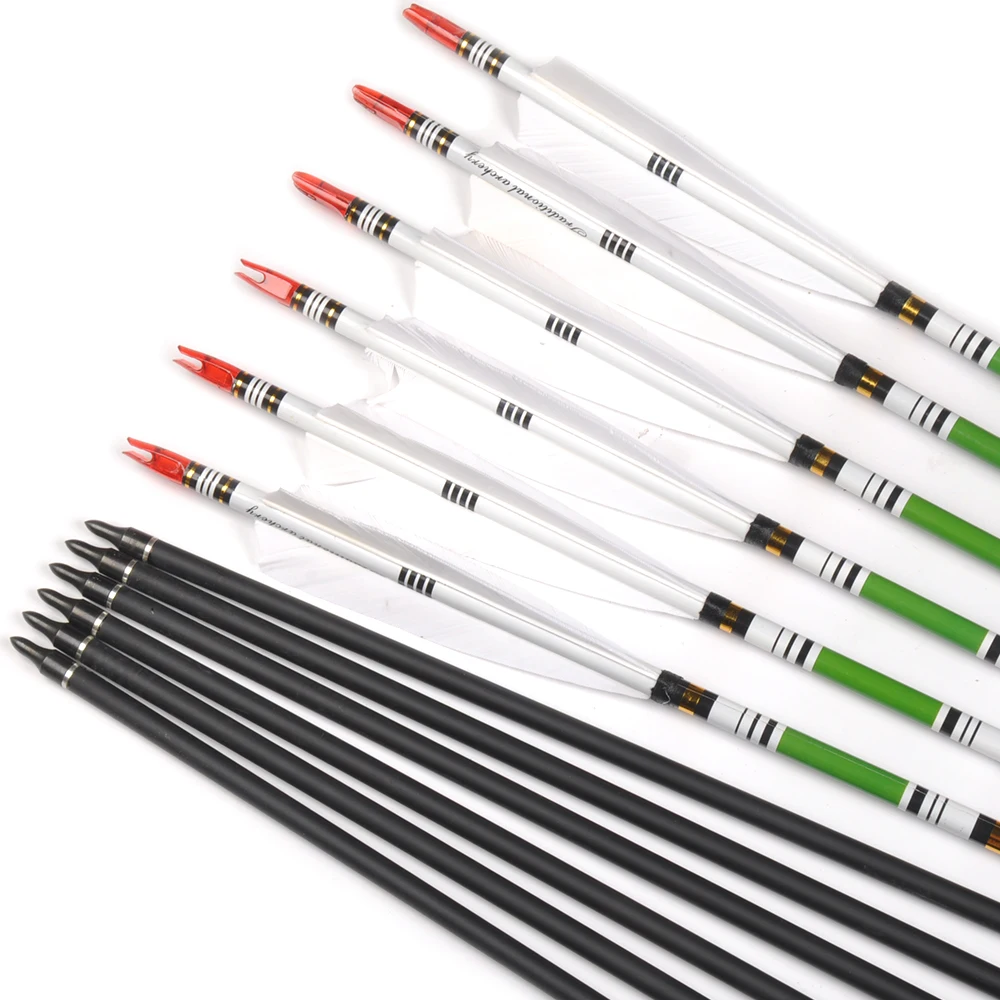 80cm Mixed Carbon Arrow Spine 500 White Turkey Feather White Green Stickers for Recurve Bow Archery Hunting