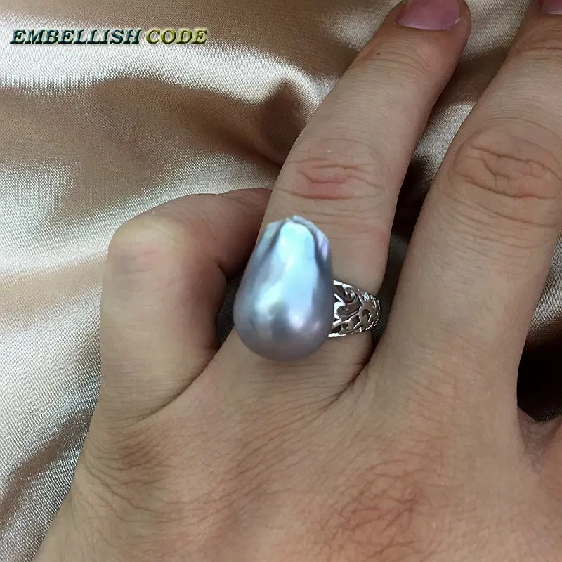 Adjustable size Resize baroque pearl 925 silver Ring simple classical gray Lustrous tissue nucleated fire ball flameball  women