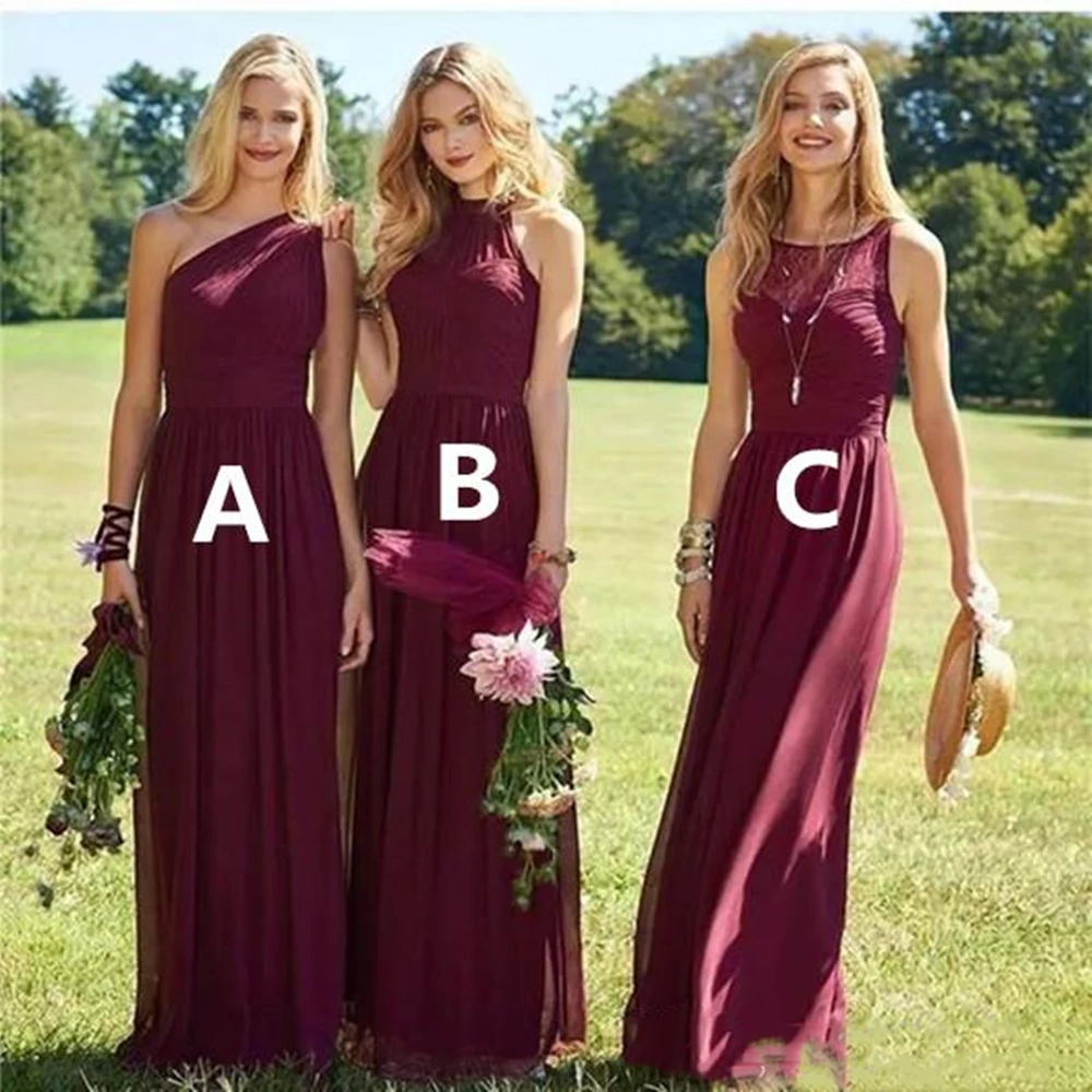 Burgandy Garden-vestidos de dama de honor de chifón, vestido de dama de honor, línea A, un hombro, largo hasta el suelo, talla grande, para invitados de boda, 2021