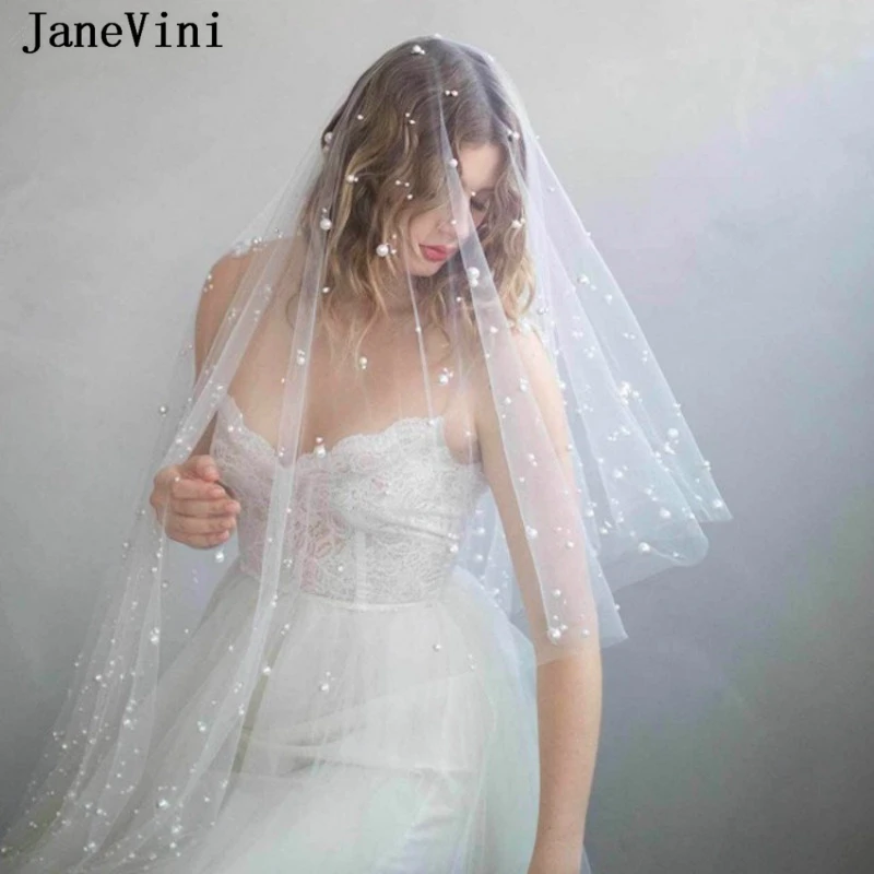 JaneVini Romantic Two Layers Wedding Veils with Comb White Pearls Tulle Bridal Veils Wedding Accessories for Bride Voile Mariage