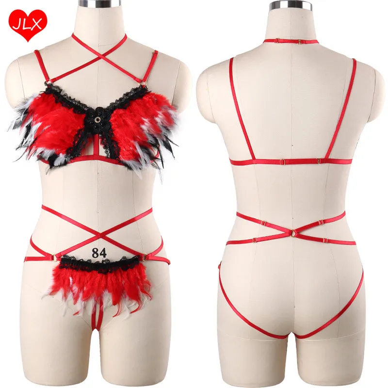 

Red Feather Body Harness Set Lace Crop Top Harness Bra And Feather Bottom G-string Sexy Lingerie Bondage Suit Pole Dance