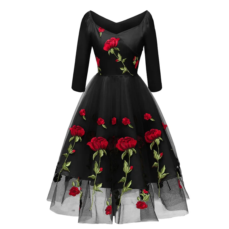 Vestido Vintage con bordado de rosas navideñas, cuello oblicuo, mangas 3/4, vestido envolvente de cintura alta, Vestidos de fiesta de malla negra Retro de los años 60