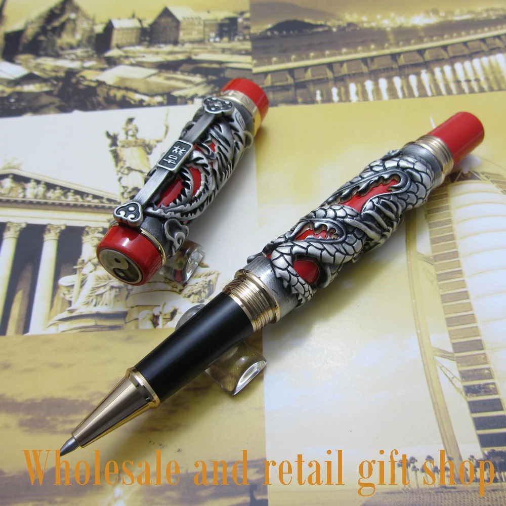 Jinhao Dragon Phoenix Heavy Gray Red Chinese Classical Luck Clip roller Pen and pen bag