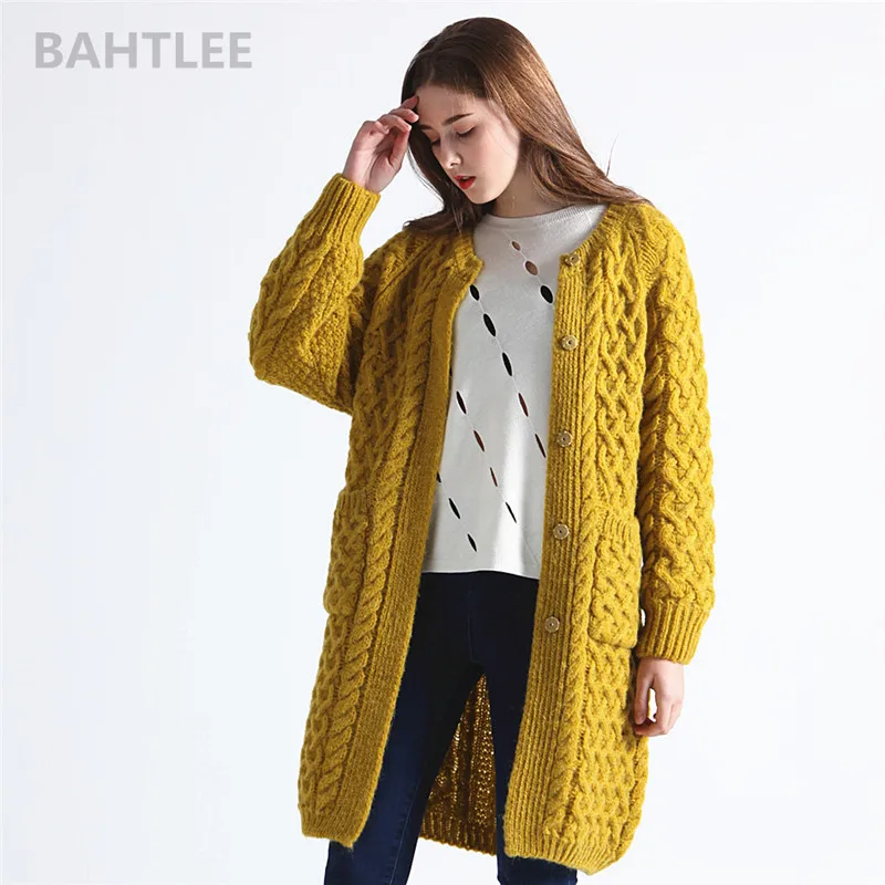 BAHTLEE-Women\'s Long Sleeve Warm Mohair Cardigan, Knitting Wool, Jacquard Weave Sweater, O-Neck Jumper, Pocket, Mustard, Yellow,