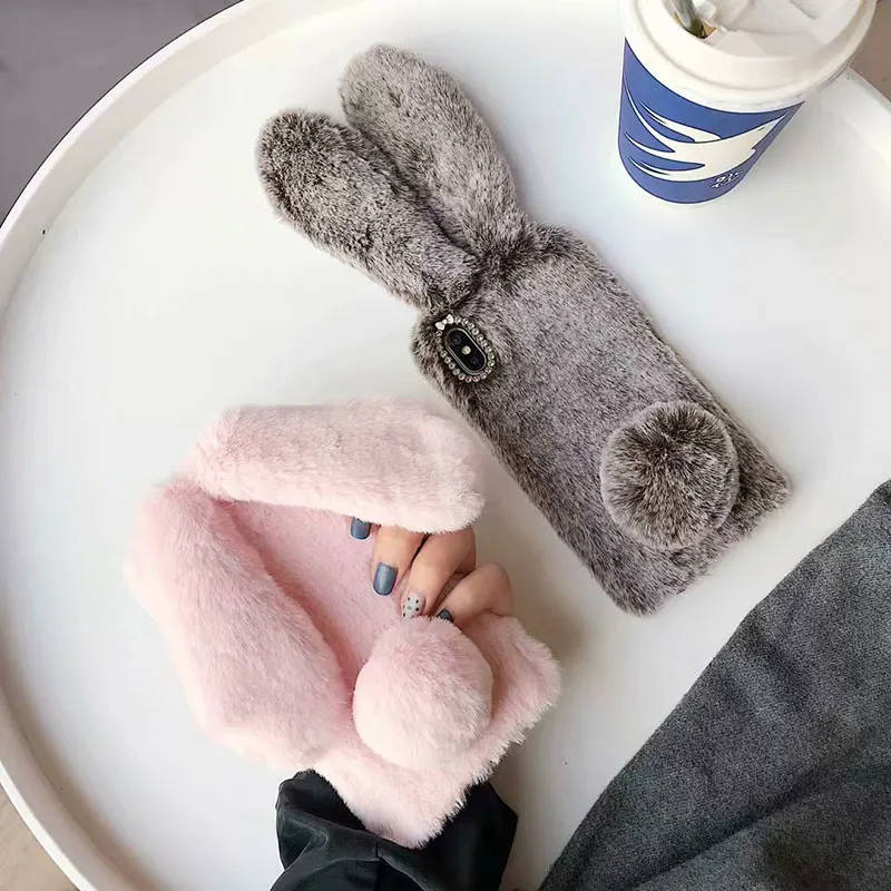 For iPhone 14 13 12 11 Pro XS Max X XR 12Mini Rabbit Ears Furry fluffy Fur Plush Warm Cover for iPhone 6 6S 7 8 Plus Phone Case