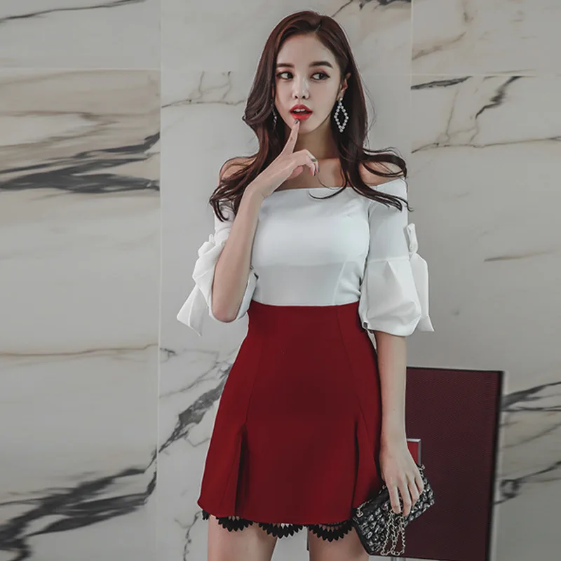 2 Piece Set Women Suit OL Set 2022 White Half Sleeve Slash Neck Blouse Shirt Tops and Mini Red Skirts Business Two Piece Set