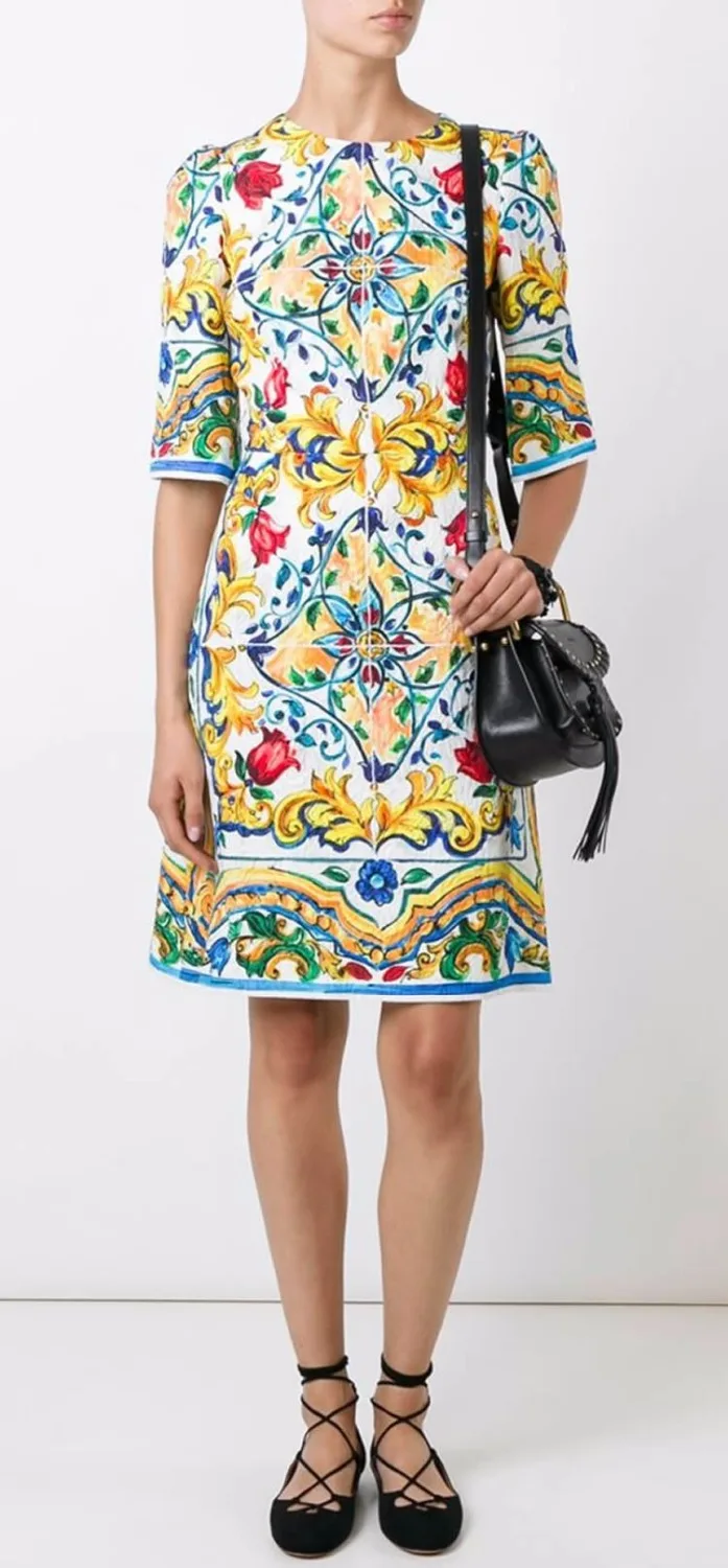 

Vintage Print Women Sheath Drss Half Sleeve Jacquard Dresses 094A694B1