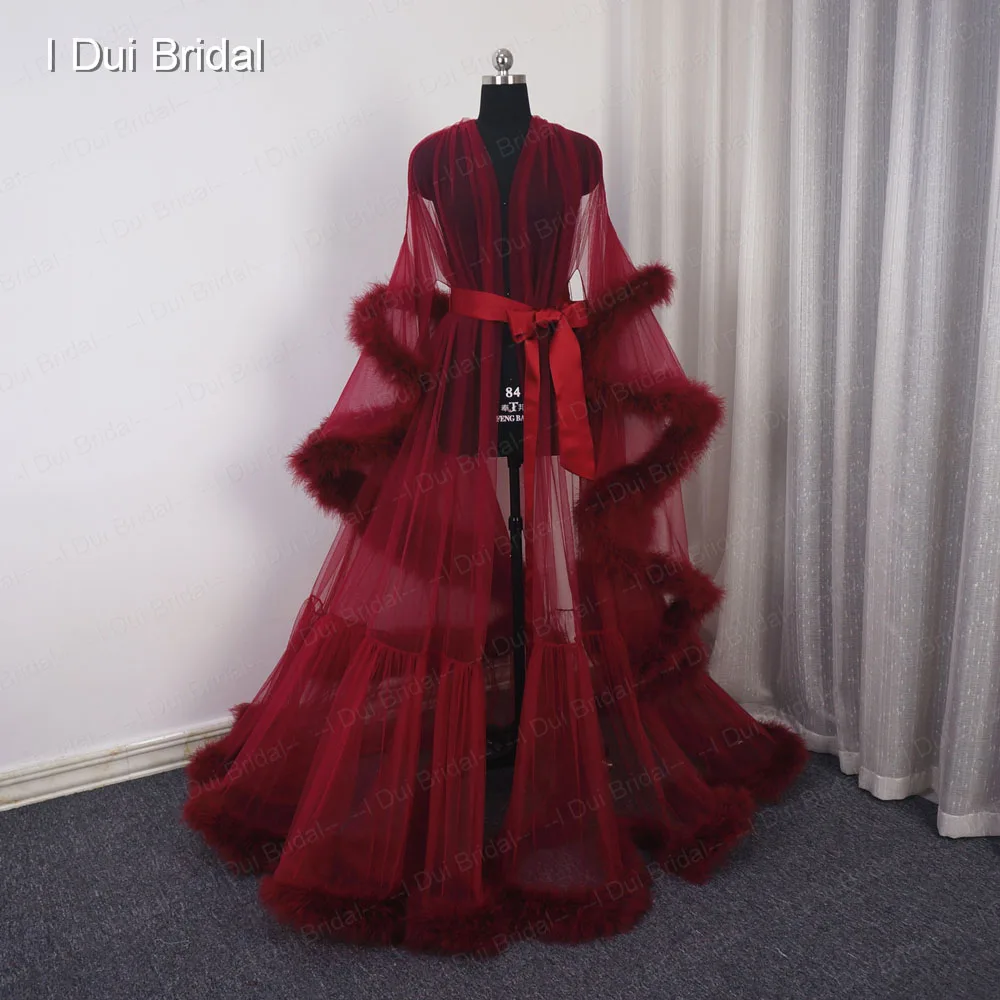 Burgundy Feather Robe  Boudoir Tulle Illusion Bridal Robe Long Gift for Bride Homecoming Party Dress