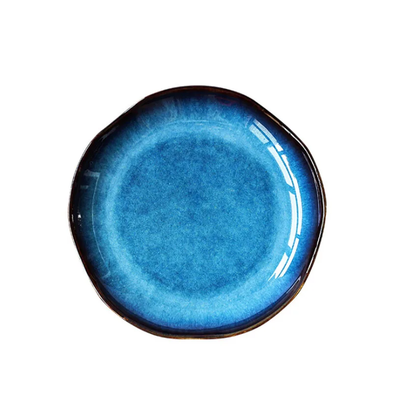 Retro japanese deep blue ceramic plate food dessert dish irregular household flat plate dish