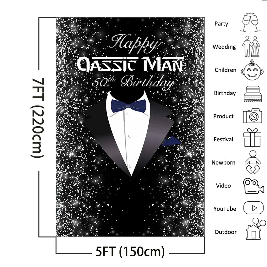 Toile de fond de fête de smoking pour hommes, bannière noire, arrière-plan de photographie, grand-père, père, gentleman, joyeux 50e anniversaire