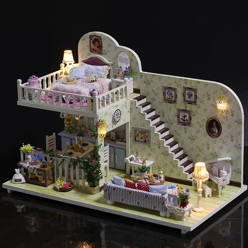 DIY Doll House Wooden Doll Houses Miniature Dollhouse Furniture Kit with Led Toys for Children Birthday Gift