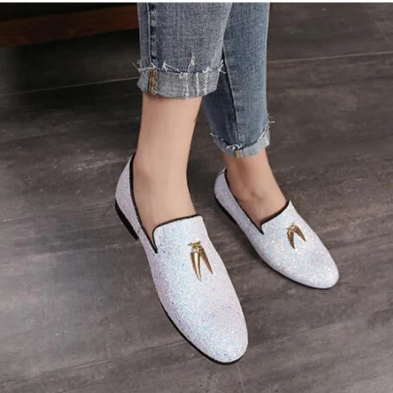 

British Fashion Style Sliver Glitter Leisure Party Shoes Male Slip On Loafers Leather Velvet Slippers Elegant wedding Men Shoes