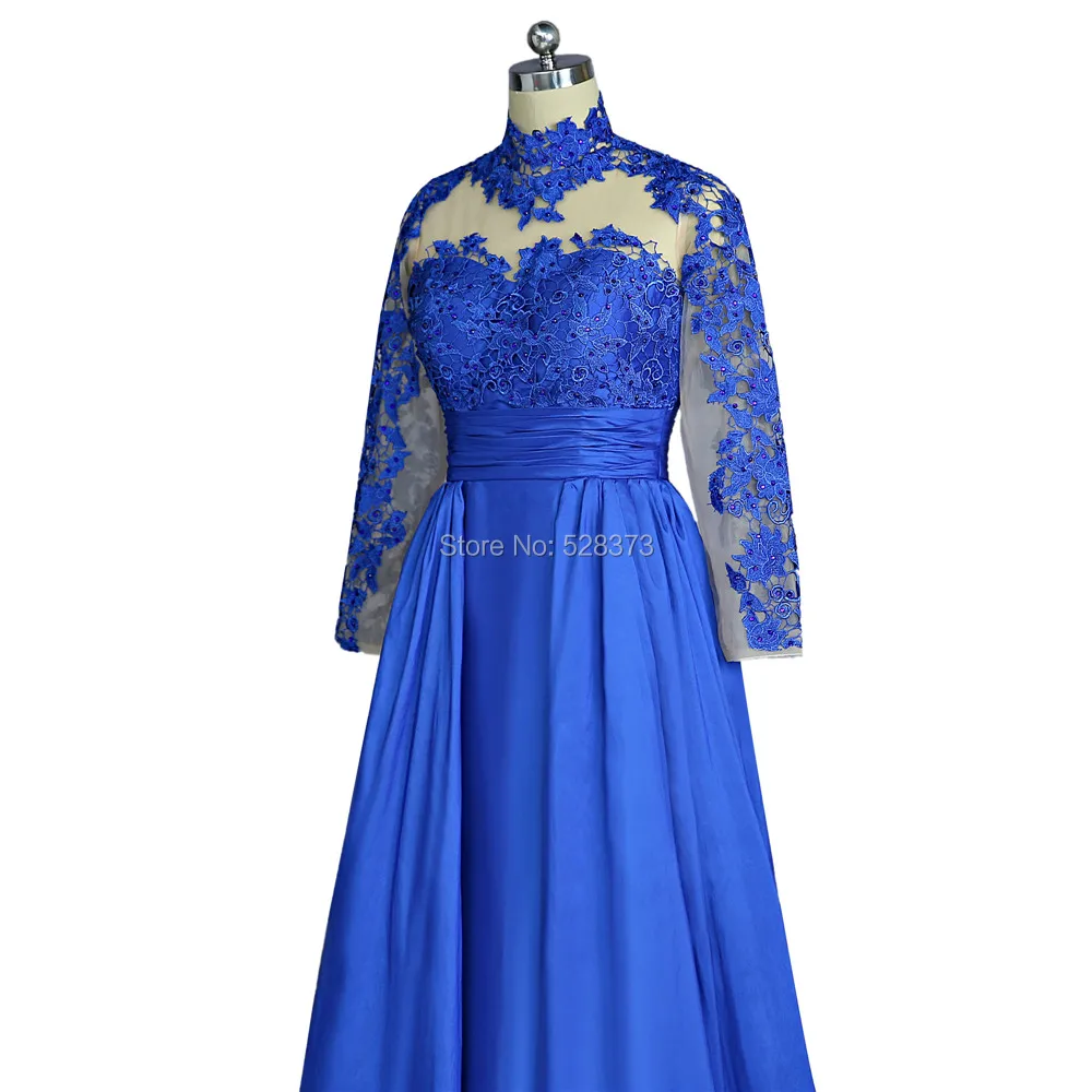 MD146 Royal Blue Taffeta Mother of the Bride/Groom Dress High Neck Long Sleeves Open Back Elegant Outfit for Wedding Events