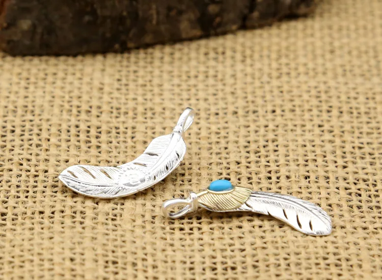 MAYONES Retro Thai Silver Vintage Feather Blue Turquoise Couple S925 Sterling Silver Men And Women Pendant