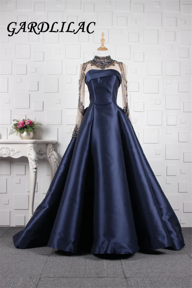 Robe De soirée bleu marine, grande taille, col haut, manches longues, perlée, longue, robes d'occasion, 2019