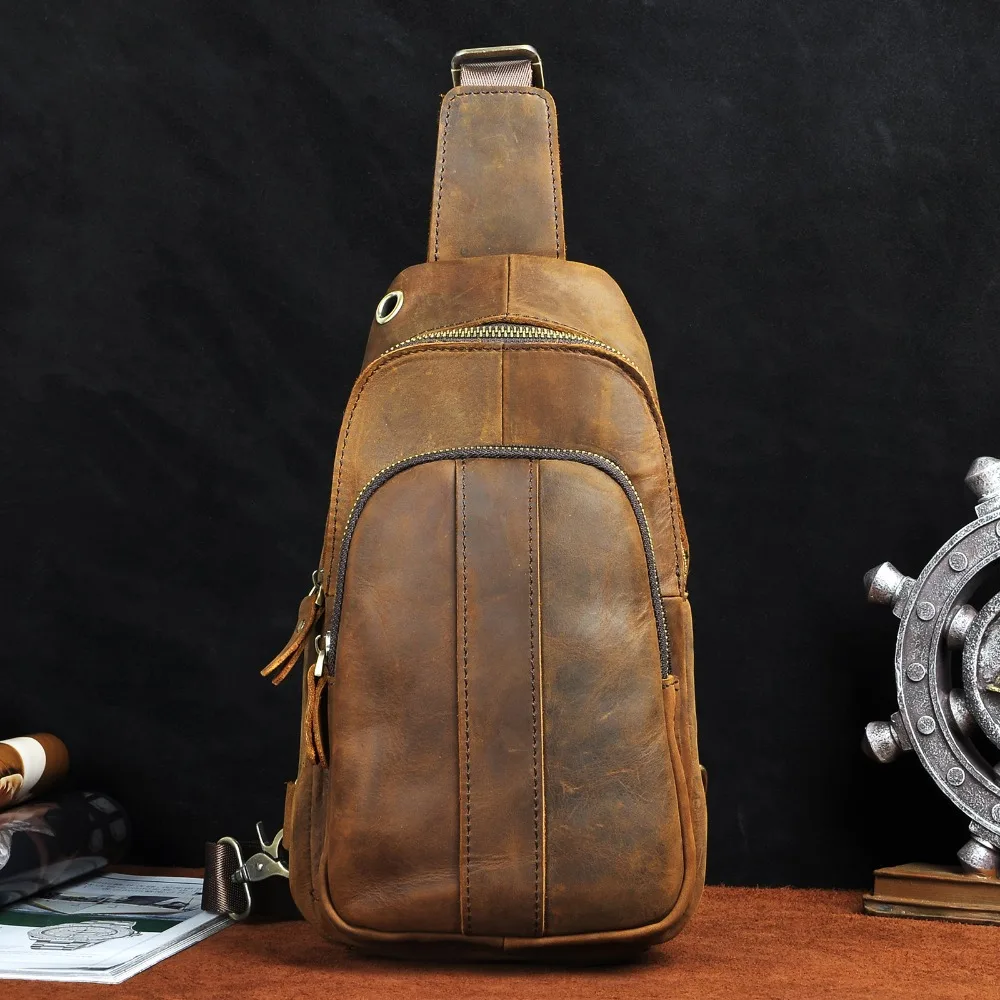 Original Leather men Casual Fashion Travel Triangle Chest Sling Bag Design 8