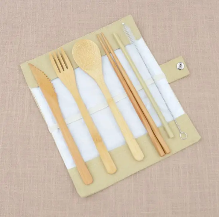 7pcs/Set Cutlery Set Portable Tableware Bamboo Teaspoon Fork Soup Knife chopsticks outdoor travel Dinnerware SN1494