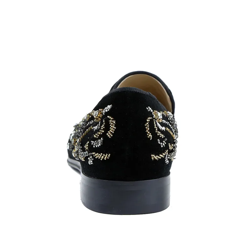 Black Rhinestone Floral stud Embroidery Men Shoes Fashion Slip-on Loafer Crystal Men Smoking Casual Shoes