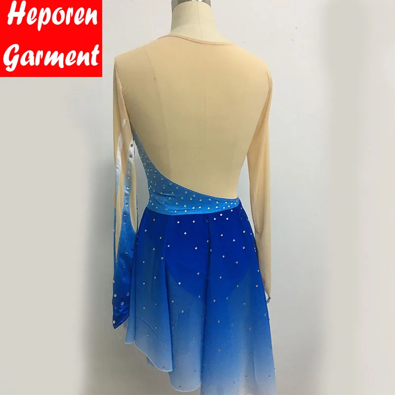 Custom Girl Blue Figure Skating Dresses New Brand Gymnastics Show Rhinestone Style Long Sleeve Skating Wear Ballet Dress