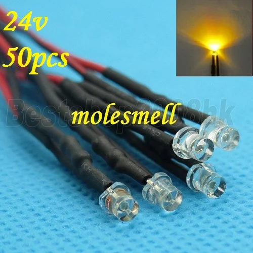 Darmowa wysyłka 50 sztuk 3mm 24v płasko zakończony żółty zestaw Lamp LED wstępnie okablowane 3mm 24V DC przewodowy 3mm duży/szeroki kąt żółty 24v led