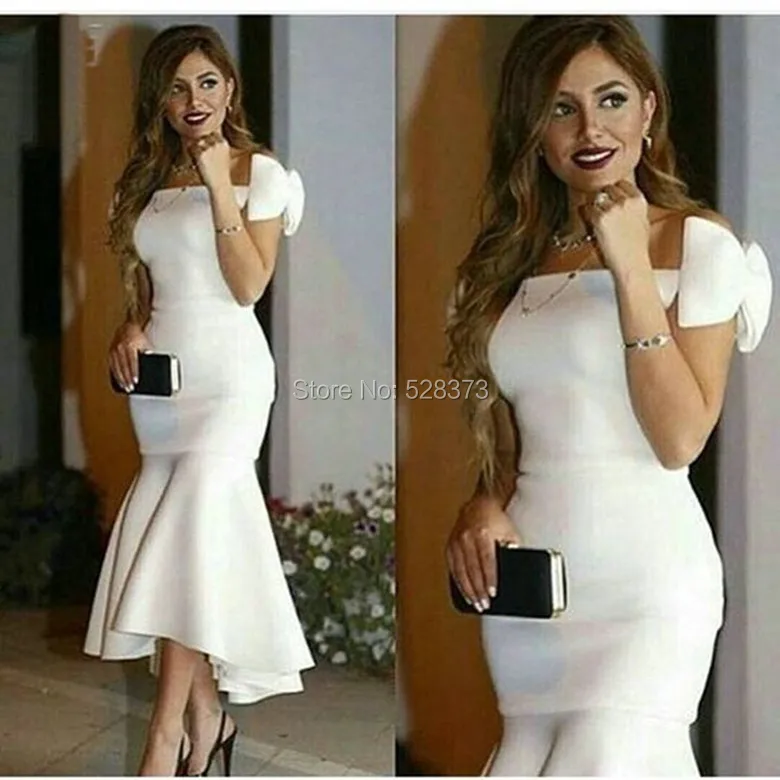 YNQNFS CD45 Robe Cocktail Elegant Bow Straps Off Shoulder Boat Neckline Mother of Bride Short Dresses Outfits White Party Dress