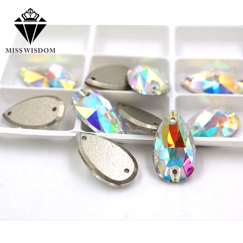 High quality flatback glass double hole crystal sew on rhinestones Teardrop shape AB color Flat buckle diy clothing accessories