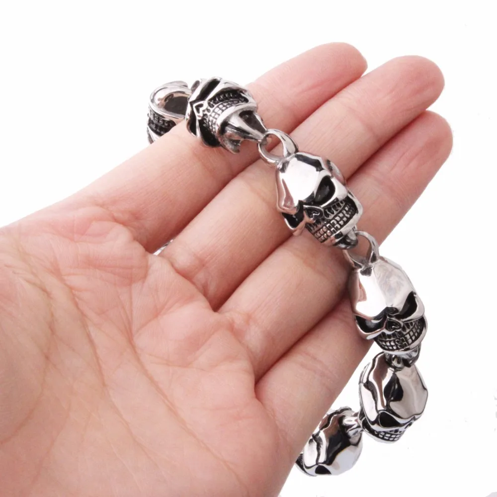 Men's Stainless Steel Silver Color Skull Heads Link Chain Jewelry Set Including Bracelet&Necklace Men Cool Great Jewelry