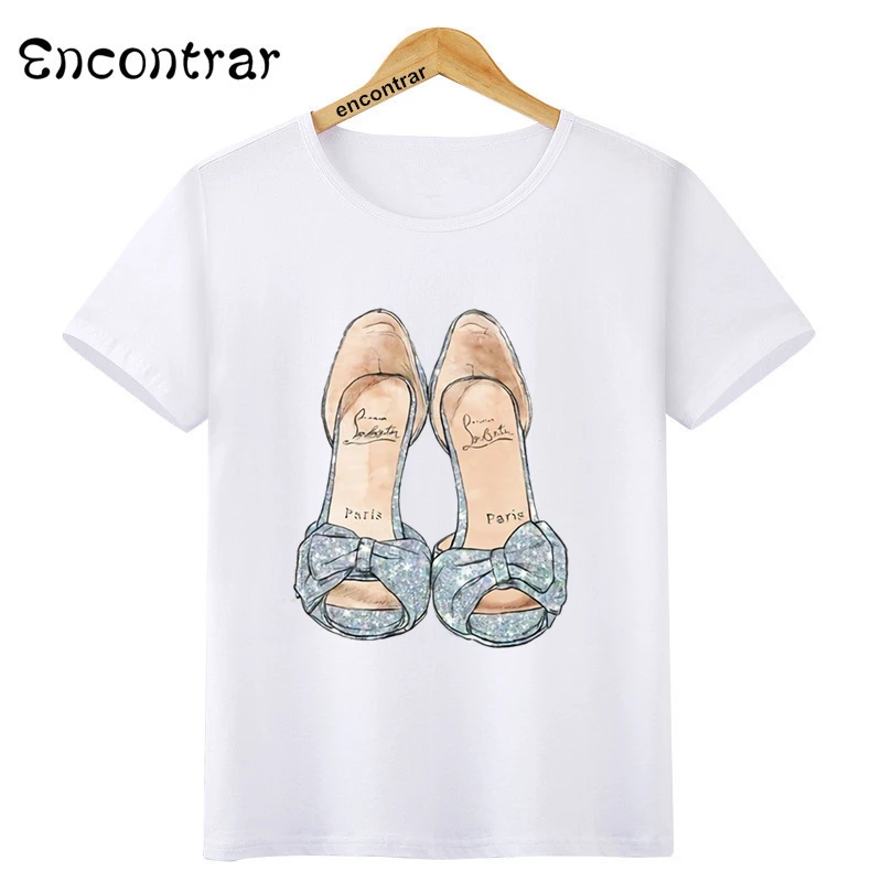 Girls White T-shirt New Red Shoe Print T shirt Short Sleeve O-neck Summer Tops Kid Casual Children Tshirt,HKP3079